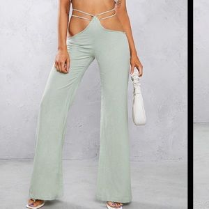 Pretty little thing Sage khaki linen strap detail wide leg trousers